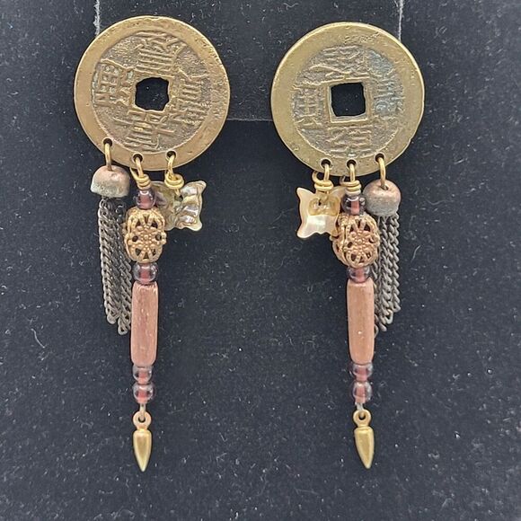 Vintage Dangling Chinese Coin Earrings 3in - Picture 3 of 4